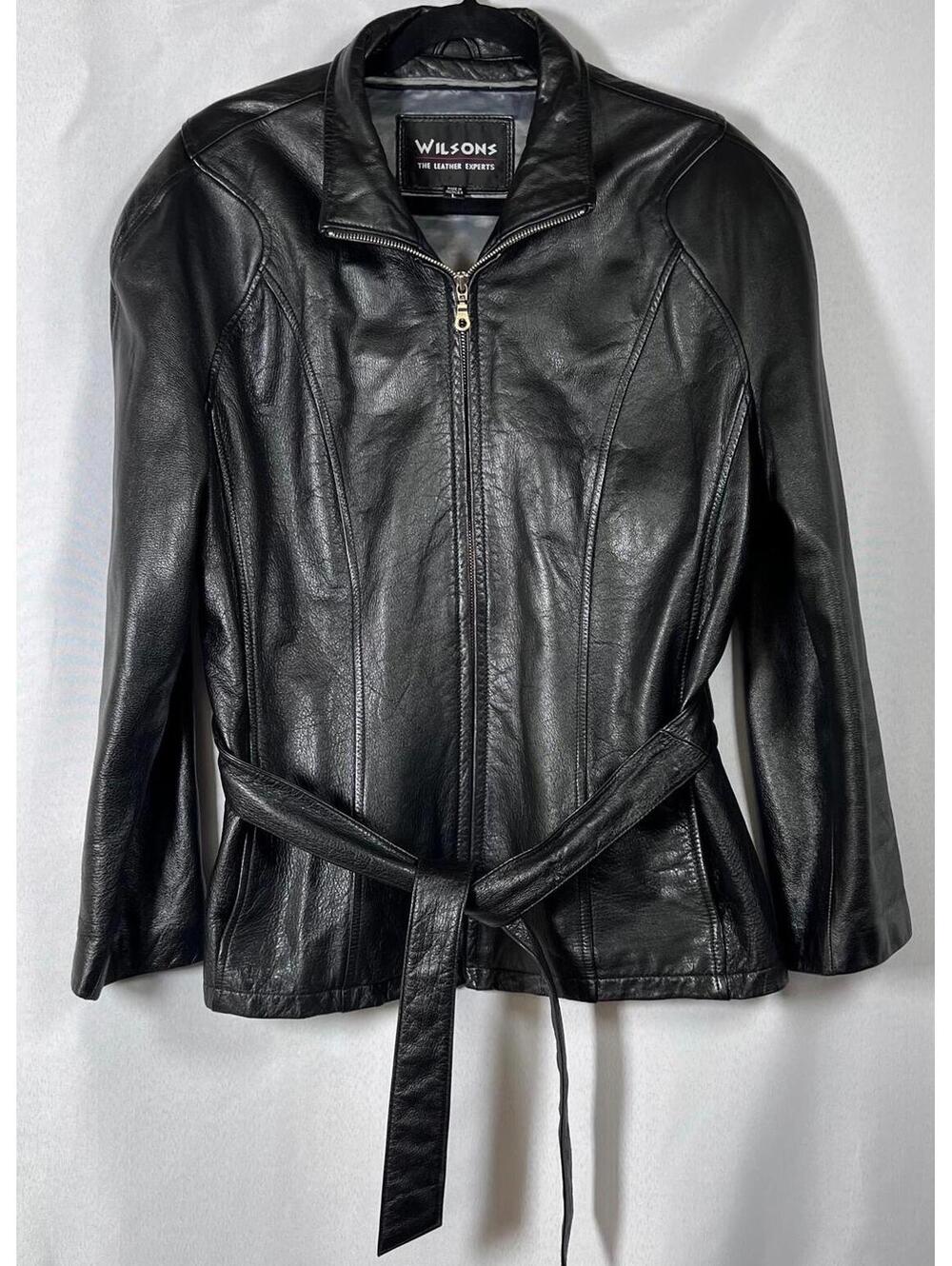 Wilsons Women’s Black Leather Jacket with Belt - Classic and Stylish Size L
